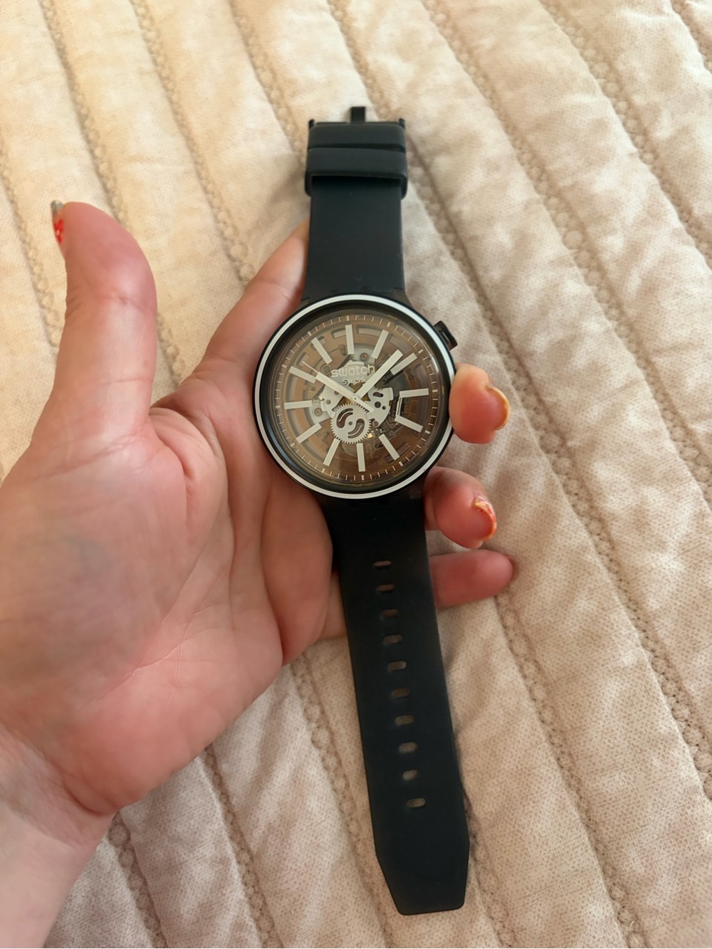 Swatch Black Skeleton Dial Silicone Strap Watch